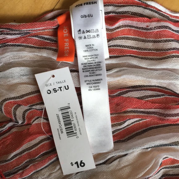 2/$20 NWT Light cotton scarf Joe Fresh red stripes - Picture 2 of 3
